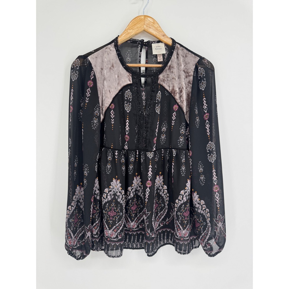 Knox Rose Peasant Blouse Women M Black Velvet Trim Boho Sheer Whimsigoth Witchy